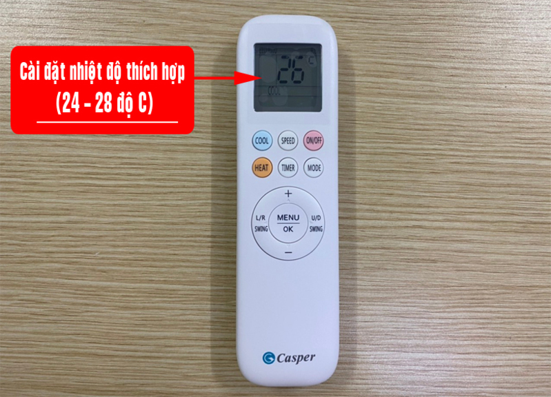 Bật điều hòa Casper bằng nút ON/OFF, chọn chế độ bằng MODE và điều chỉnh nhiệt độ phù hợp. 